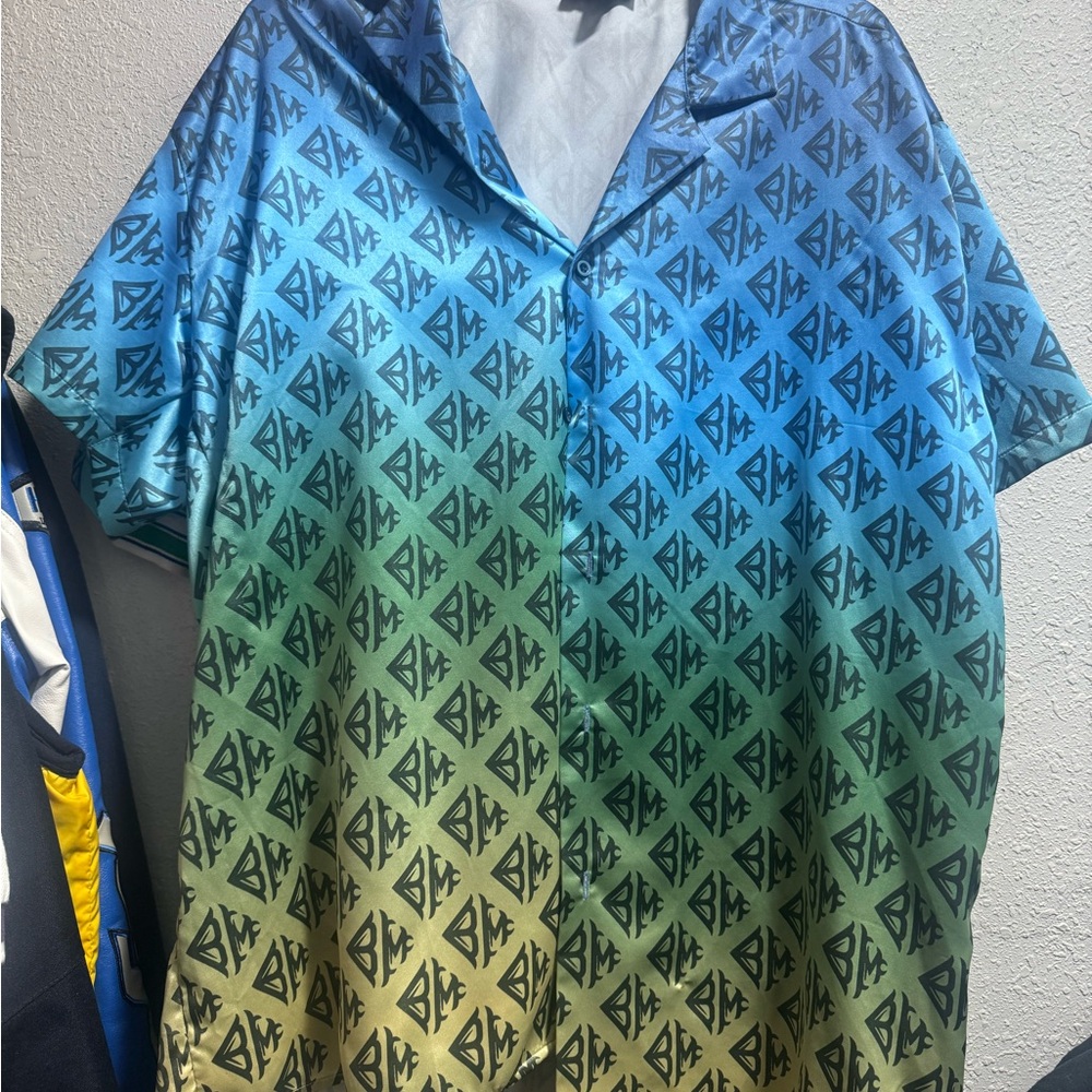 Boohoo Mens Blue and Green Patterned Shirt